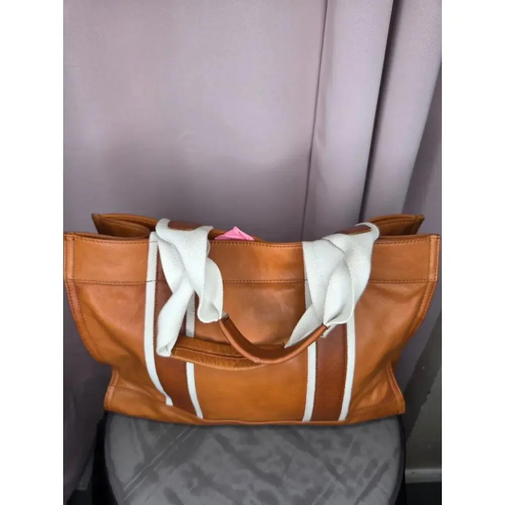 Tory Burch Ella Stripe Leather Quadrant Tote Bag (Classic Tan / Cuoio / White)